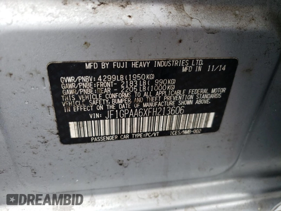 2015 Subaru Impreza 2.0i с VIN JF1GPAA6XFH213606, выставлен на аукционе Copart как лот 47570005 с пробегом 106 735 миль миль и Списание • Salvage title. История ставок и продаж доступна на DreamBid. Изображение 14.
