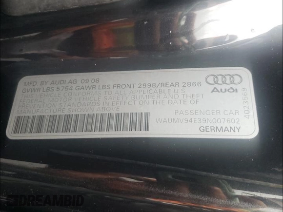 2009 Audi A8 4.2L z VIN WAUMV94E39N007602, wystawiony jako Copart lot #54664901 z przebiegiem 128 283 mil mil oraz Nie do naprawy • Non repairable. Historia ofert i sprzedaży dostępna na DreamBid. Obrazek 10.