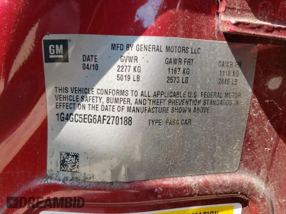 2010 Buick LaCrosse CXL with VIN 1G4GC5EG6AF270188, listed as a Copart auction lot 58782815 with 73,085 mi miles and Salvage title. Bid and sale history available at DreamBid. Image 12.