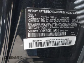 2014 BMW X3 xDrive28i with VIN 5UXWX9C55E0D14916, listed as a IAAI auction lot 41720744 with 193,135 mi miles and . Bid and sale history available at DreamBid. Image 9.