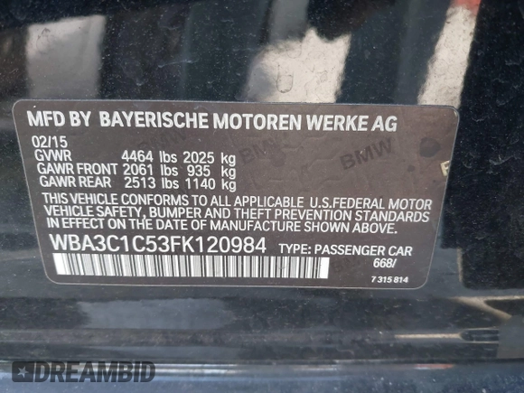 2015 BMW 3 Series 328i with VIN WBA3C1C53FK120984, listed as a IAAI auction lot 41338035 with 119,486 mi miles and . Bid and sale history available at carsss.com. Image 9.