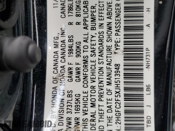 2018 Honda Civic Sedan LX with VIN 2HGFC2F5XJH513948, listed as a Copart auction lot 52811905 with 67,568 mi miles and Salvage Title. Bid and sale history available at carsss.com. Image 14.