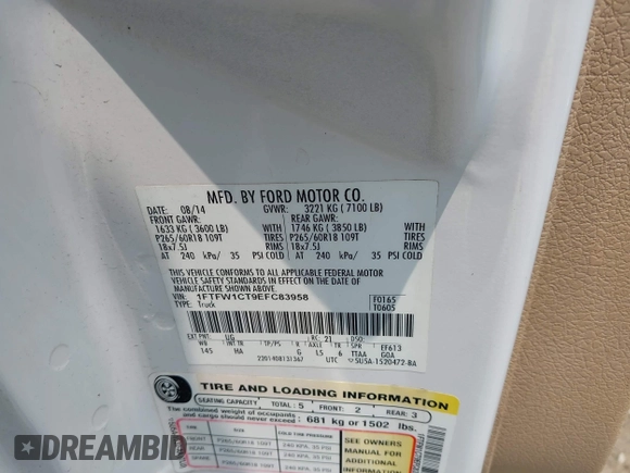 2014 Ford F-150 XL with VIN 1FTFW1CT9EFC83958, listed as a IAAI auction lot 42406555 with 308,076 mi miles and . Bid and sale history available at DreamBid. Image 9.