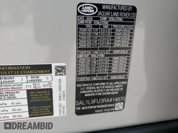 2024 Land Rover Range Rover Sport Dynamic SE with VIN SAL1L9FU3RA414870, listed as a Copart auction lot 43243595 with 1,808 mi miles and Salvage Title. Bid and sale history available at DreamBid. Image 14.