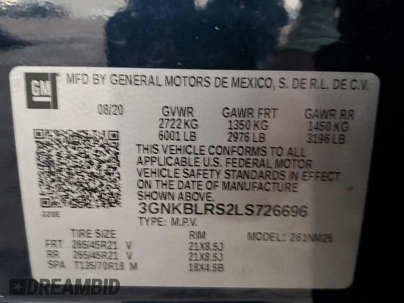 2020 Chevrolet Blazer Premier with VIN 3GNKBLRS2LS726696, listed as a Copart auction lot 76173604 with Not provided miles and Non repairable. Bid and sale history available at DreamBid. Image 14.