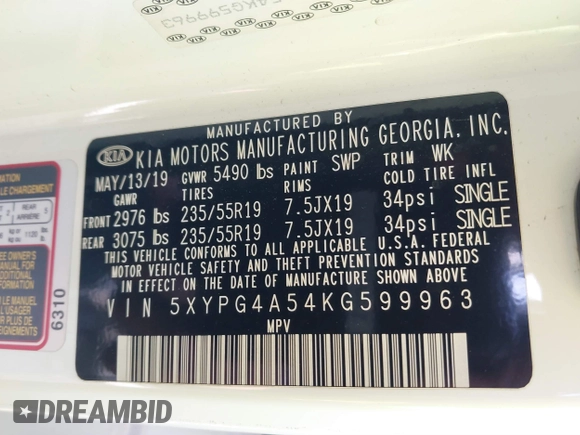 2019 Kia Sorento LX with VIN 5XYPG4A54KG599963, listed as a IAAI auction lot 41558055 with 119,238 mi miles and . Bid and sale history available at DreamBid. Image 9.