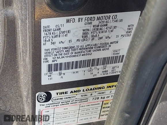 2011 Ford Expedition Max XLT с VIN 1FMJK1H59BEF46592, выставлен на аукционе IAAI как лот 42713612 с пробегом 153 832 миль миль и . История ставок и продаж доступна на DreamBid. Изображение 9.