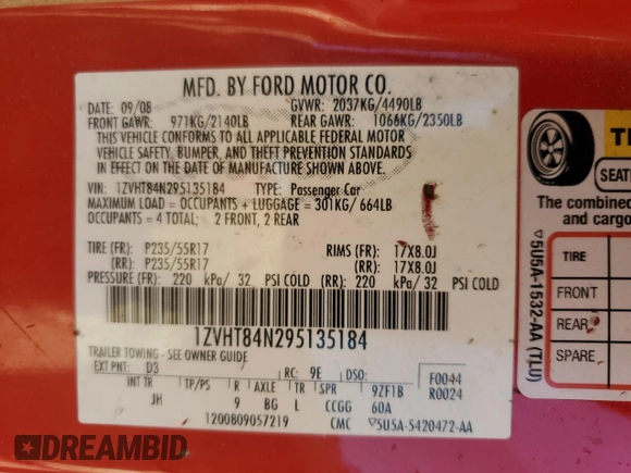 2009 Ford Mustang with VIN 1ZVHT84N295135184, listed as a Copart auction lot 53210055 with Not provided miles and Clean title. Bid and sale history available at DreamBid. Image 12.