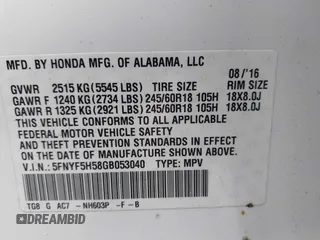 2016 Honda Pilot EX-L with VIN 5FNYF5H58GB053040, listed as a IAAI auction lot 42046304 with 107,349 mi miles and . Bid and sale history available at carsss.com. Image 9.
