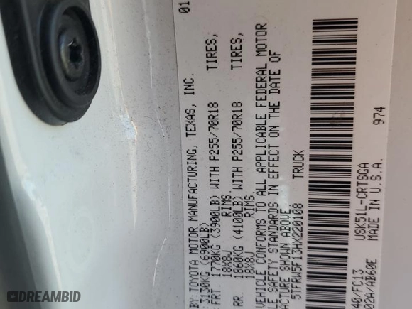 2017 Toyota Tundra 2WD SR5 with VIN 5TFRW5F13HX220108, listed as a Copart auction lot 71887404 with 71,965 mi miles and Salvage Title. Bid and sale history available at carsss.com. Image 12.