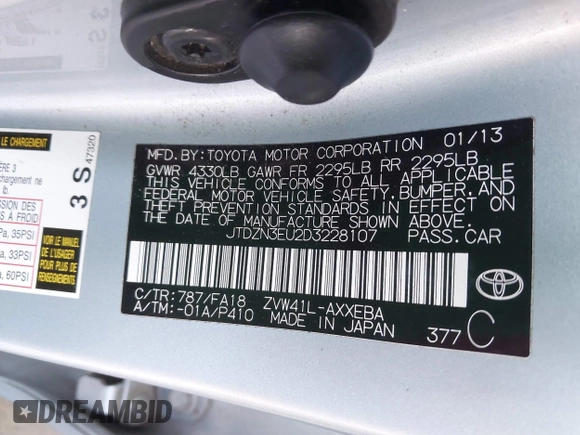2013 Toyota Prius Two with VIN JTDZN3EU2D3228107, listed as a IAAI auction lot 42163661 with 138,193 mi miles and . Bid and sale history available at carsss.com. Image 9.