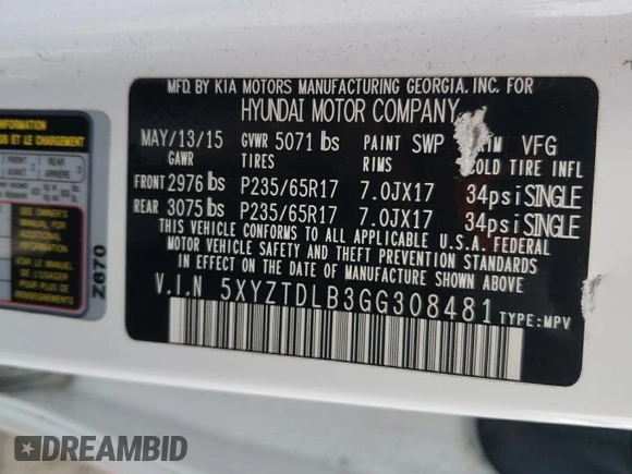 2016 Hyundai Santa Fe z VIN 5XYZTDLB3GG308481, wystawiony jako Copart lot #57788255 z przebiegiem 100 174 mil mil oraz Szkoda całkowita • Salvage title. Historia ofert i sprzedaży dostępna na DreamBid. Obrazek 13.