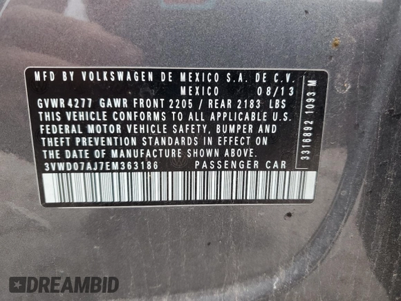 2014 Volkswagen Jetta SE with VIN 3VWD07AJ7EM363186, listed as a Copart auction lot 60873465 with 215,323 mi miles and Salvage title. Bid and sale history available at DreamBid. Image 12.