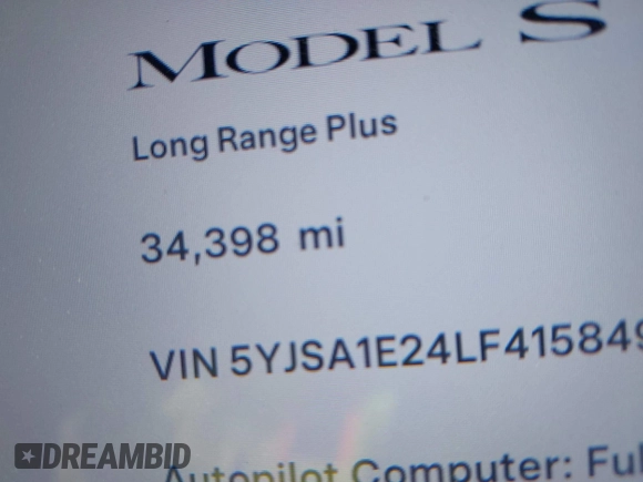 2020 Tesla Model S Long Range with VIN 5YJSA1E24LF415849, listed as a IAAI auction lot 42571945 with 34,398 mi miles and . Bid and sale history available at DreamBid. Image 16.