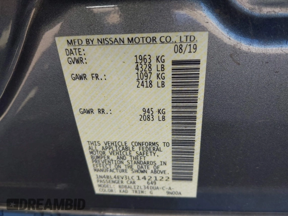2020 Nissan Altima 2.5 SL with VIN 1N4BL4EV3LC142122, listed as a IAAI auction lot 41648381 with 55,265 mi miles. Bid and sale history available at carsss.com. Image 9.
