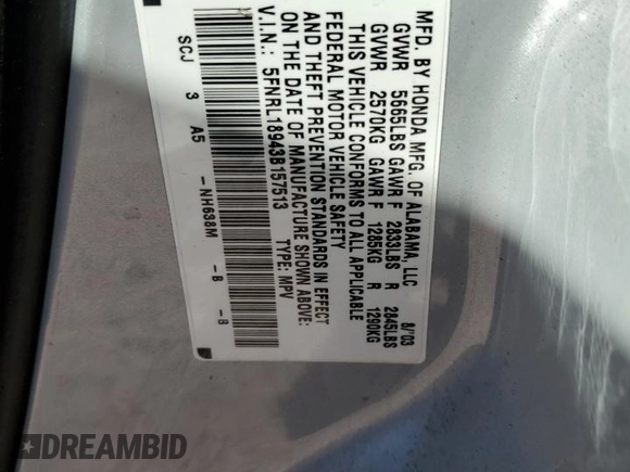 2003 Honda Odyssey EX-L with VIN 5FNRL18943B157513, listed as a Copart auction lot 47135305 with 199,079 mi miles and Salvage Title. Bid and sale history available at DreamBid. Image 15.