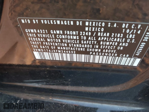 2015 Volkswagen Jetta SE with VIN 3VWD17AJXFM244532, listed as a IAAI auction lot 41769683 with 113,890 mi miles and . Bid and sale history available at DreamBid. Image 9.