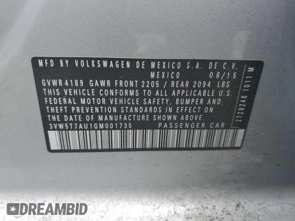 2016 Volkswagen Golf GTI SE with VIN 3VW5T7AU1GM001735, listed as a Copart auction lot 55133774 with 48,277 mi miles and Salvage Title. Bid and sale history available at carsss.com. Image 14.