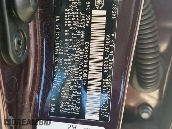 2012 Toyota Avalon with VIN 4T1BK3DB7CU448633, listed as a Copart auction lot 50741915 with 141,947 mi miles and Salvage Title. Bid and sale history available at carsss.com. Image 14.