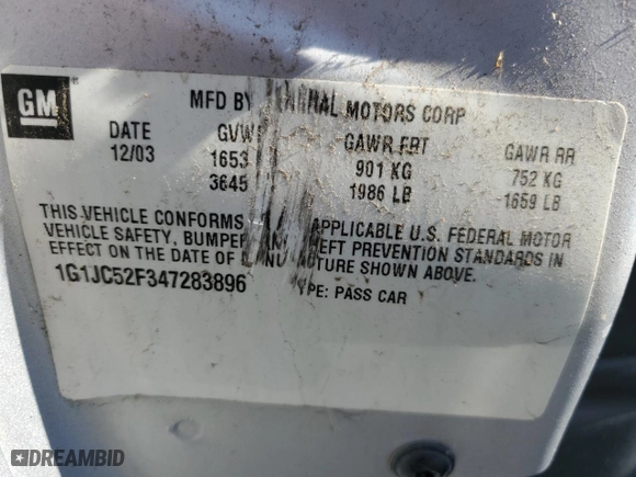 2004 Chevrolet Cavalier with VIN 1G1JC52F347283896, listed as a Copart auction lot 45800065 with 44,579 mi miles and Clean Title. Bid and sale history available at carsss.com. Image 12.