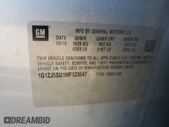 2017 Chevrolet Malibu Hybrid with VIN 1G1ZJ5SU1HF123647, listed as a Copart auction lot 85096404 with 87,267 mi miles and Salvage Title. Bid and sale history available at DreamBid. Image 12.