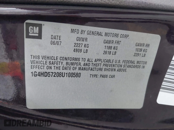 2008 Buick Lucerne CXL with VIN 1G4HD57208U100580, listed as a IAAI auction lot 42058426 with 183,480 mi miles and . Bid and sale history available at DreamBid. Image 9.