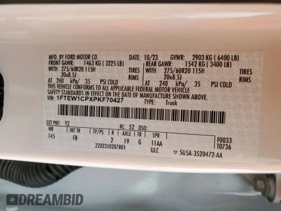 2023 Ford F-150 XL с VIN 1FTEW1CPXPKF70427, выставлен на аукционе Copart как лот 59579585 с пробегом 23 217 миль миль и Списание • Salvage title. История ставок и продаж доступна на DreamBid. Изображение 12.