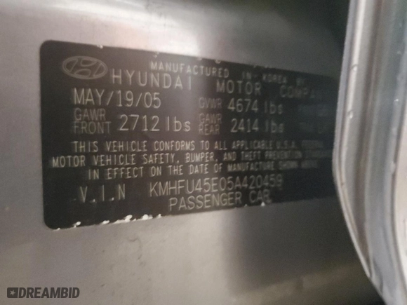 2005 Hyundai XG350 with VIN KMHFU45E05A420459, listed as a Copart auction lot 85976864 with 93,068 mi miles and Salvage Title. Bid and sale history available at carsss.com. Image 12.