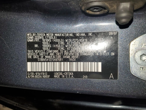 2007 Toyota Tundra SR5 with VIN 5TBBV54127S487681, listed as a Copart auction lot 49875765 with 108,519 mi miles and Salvage Title. Bid and sale history available at carsss.com. Image 12.