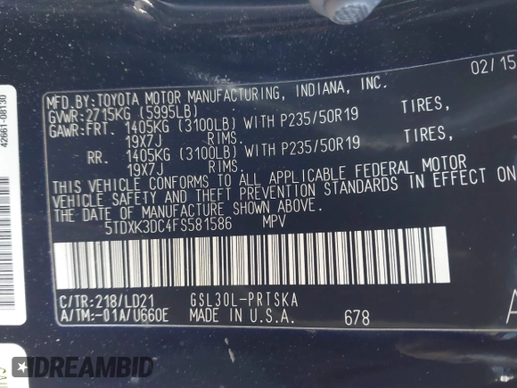 2015 Toyota Sienna SE with VIN 5TDXK3DC4FS581586, listed as a IAAI auction lot 41893274 with 263,577 mi miles. Bid and sale history available at carsss.com. Image 9.