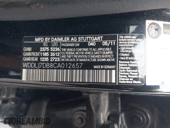 2012 Mercedes-Benz CLS 550 with VIN WDDLJ7DB8CA012657, listed as a IAAI auction lot 41235586 with 157,760 mi miles and . Bid and sale history available at DreamBid. Image 9.