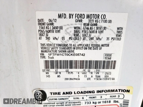 2012 Ford F-150 XL with VIN 1FTFW1CT0CKE05742, listed as a Copart auction lot 52768555 with 152,210 mi miles and Salvage Title. Bid and sale history available at carsss.com. Image 12.