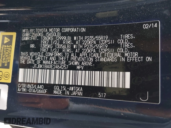 2014 Lexus RX 350 with VIN JTJBK1BAXE2464257, listed as a IAAI auction lot 42300903 with 86,273 mi miles and . Bid and sale history available at DreamBid. Image 9.