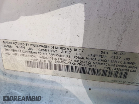 2007 Volkswagen Jetta 2.5L с VIN 3VWDG71K57M157811, выставлен на аукционе IAAI как лот 41693030 с пробегом 93 444 миль миль и . История ставок и продаж доступна на DreamBid. Изображение 9.