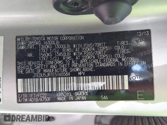 2014 Toyota 4Runner Limited with VIN JTEBU5JR1E5165584, listed as a IAAI auction lot 41727845 with 178,774 mi miles. Bid and sale history available at carsss.com. Image 9.