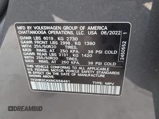 2022 Volkswagen Atlas SE with VIN 1V2HR2CAXNC556491, listed as a IAAI auction lot 41998305 with 12,310 mi miles and . Bid and sale history available at DreamBid. Image 9.