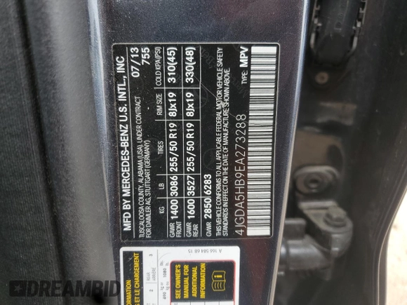 2014 Mercedes-Benz M 350 with VIN 4JGDA5HB9EA273288, listed as a Copart auction lot 59488055 with 105,471 mi miles and Salvage title. Bid and sale history available at DreamBid. Image 12.