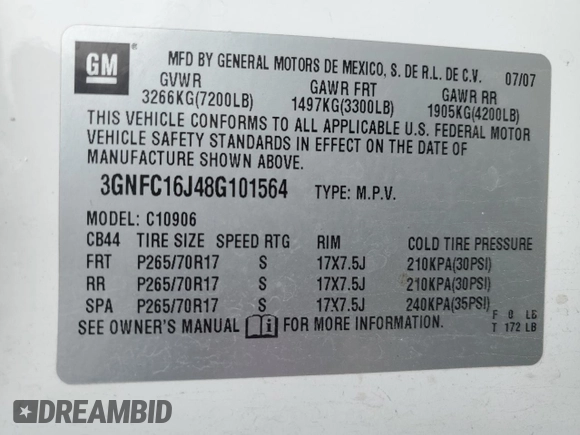 2008 Chevrolet Suburban 3LT with VIN 3GNFC16J48G101564, listed as a Copart auction lot 62140095 with 248,873 mi miles and Salvage title. Bid and sale history available at DreamBid. Image 14.