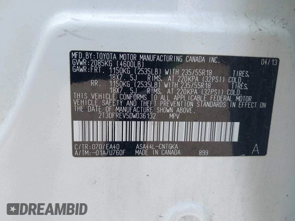 2013 Toyota RAV4 Limited with VIN 2T3DFREV5DW036132, listed as a IAAI auction lot 42098015 with 77,324 mi miles and . Bid and sale history available at DreamBid. Image 9.