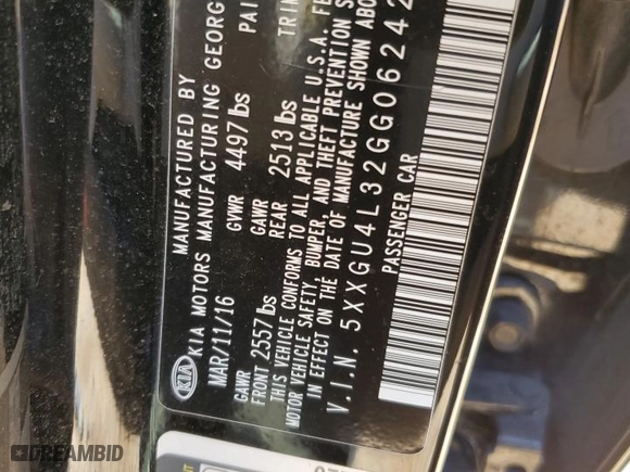 2016 Kia Optima EX with VIN 5XXGU4L32GG062427, listed as a Copart auction lot 46433225 with 98,261 mi miles and Salvage Title. Bid and sale history available at carsss.com. Image 13.