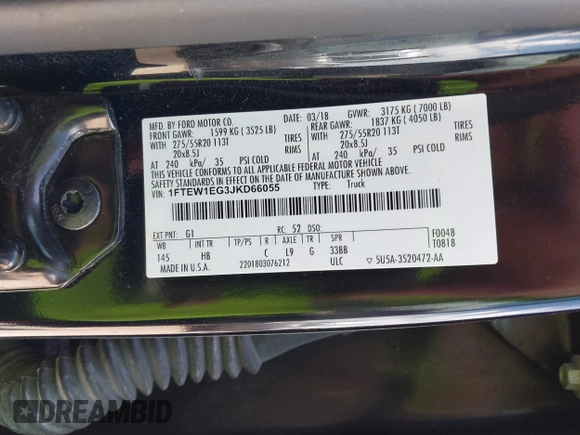 2018 Ford F-150 XL with VIN 1FTEW1EG3JKD66055, listed as a IAAI auction lot 42525538 with 131,811 mi miles and . Bid and sale history available at DreamBid. Image 9.
