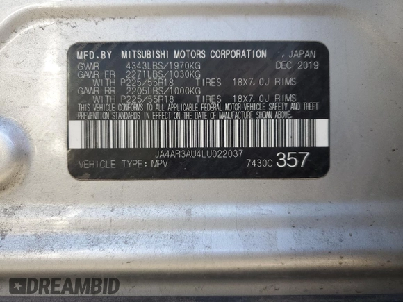 2020 Mitsubishi Outlander Sport ES 2.0 with VIN JA4AR3AU4LU022037, listed as a Copart auction lot 47091985 with 114,974 mi miles and Salvage Title. Bid and sale history available at carsss.com. Image 13.