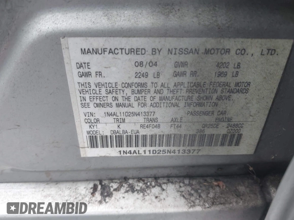 2005 Nissan Altima 2.5 S with VIN 1N4AL11D25N413377, listed as a IAAI auction lot 41919546 with 235,704 mi miles. Bid and sale history available at carsss.com. Image 9.