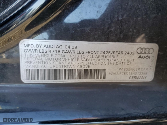 2009 Audi A4 2.0T Prem with VIN WAUJF78K19N073358, listed as a Copart auction lot 77785754 with 184,785 mi miles and Clean Title. Bid and sale history available at carsss.com. Image 12.