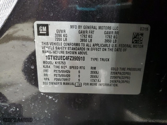 2015 GMC Sierra 1500 SLE with VIN 1GTV2UEC4FZ390910, listed as a Copart auction lot 48043215 with 75,608 mi miles and Salvage Title. Bid and sale history available at carsss.com. Image 12.
