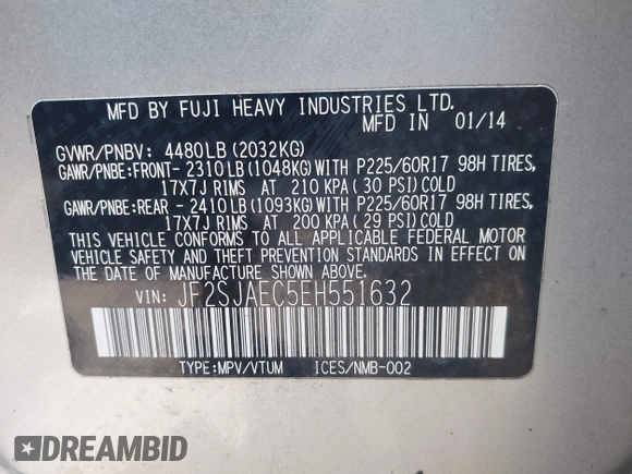 2014 Subaru Forester Premium with VIN JF2SJAEC5EH551632, listed as a IAAI auction lot 42640444 with 240,591 mi miles and . Bid and sale history available at DreamBid. Image 9.