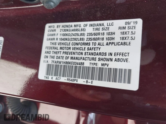 2019 Honda CR-V EX-L with VIN 7FARW1H86KE034488, listed as a IAAI auction lot 41648343 with 48,832 mi miles. Bid and sale history available at carsss.com. Image 9.