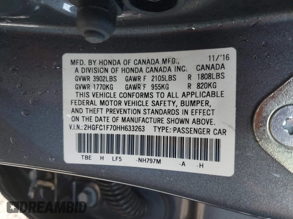 2017 Honda Civic Sedan EX-L with VIN 2HGFC1F70HH633263, listed as a IAAI auction lot 41511642 with 65,769 mi miles. Bid and sale history available at carsss.com. Image 9.
