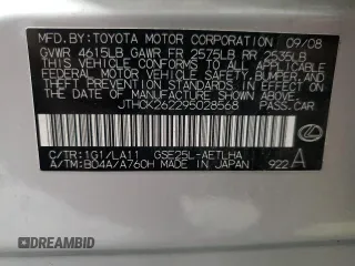 2009 Lexus IS 250 with VIN JTHCK262295028568, listed as a Copart auction lot 60450065 with 106,387 mi miles and Salvage title. Bid and sale history available at DreamBid. Image 12.