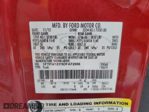 2013 Ford F-150 XL with VIN 1FTFW1EF5DFA72956, listed as a Copart auction lot 49891245 with 142,672 mi miles and Salvage Title. Bid and sale history available at DreamBid. Image 12.